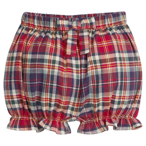 little english classic children's clothing, deep red, navy, and hunter green plaid bloomers with front bow for girls 