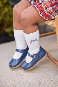 little english classic children's clothing, bow bloomers in middleburg plaid with Navy bow knee high socks