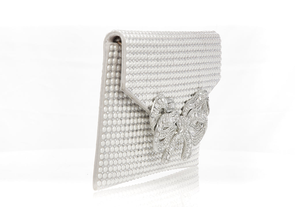 Ornate Satin & Crystal Handbag with Pearl Handle - Silver Gray