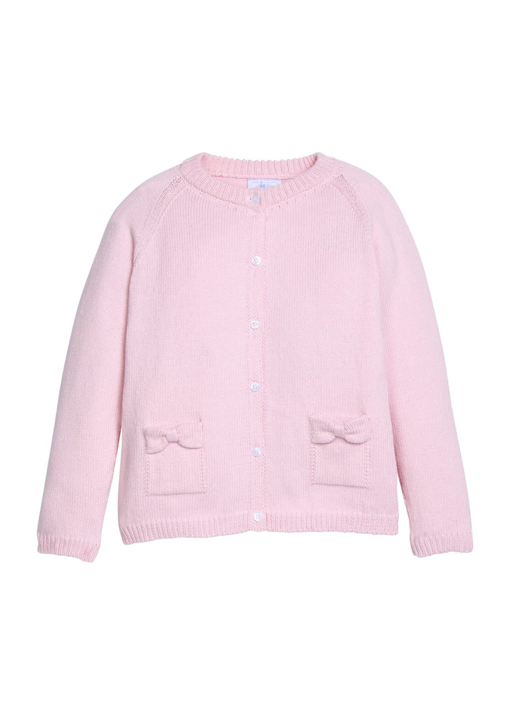 Little English traditional children's clothing. Long sleeve light pink bow pocket cardigan for little girls