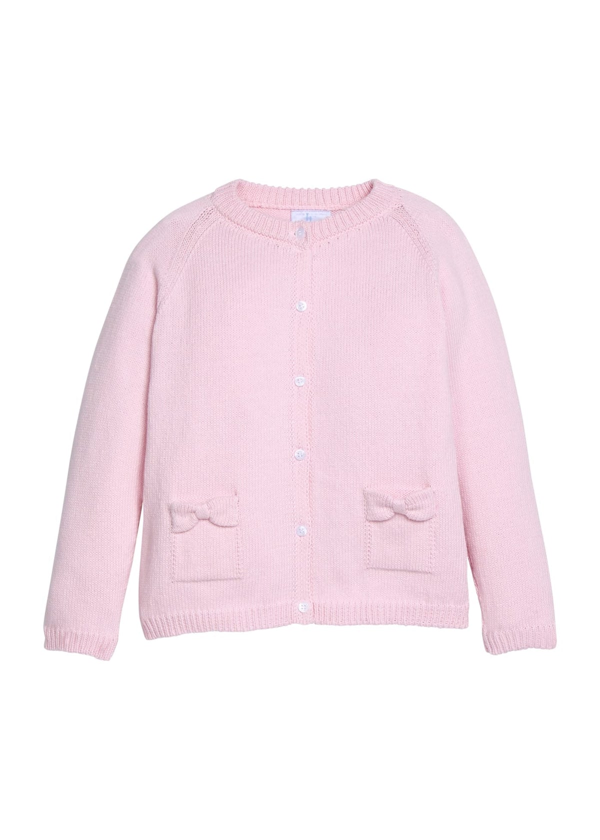 Little English traditional children's clothing. Long sleeve light pink bow pocket cardigan for little girls