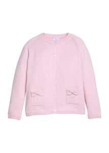 Little English traditional children's clothing. Long sleeve light pink bow pocket cardigan for little girls