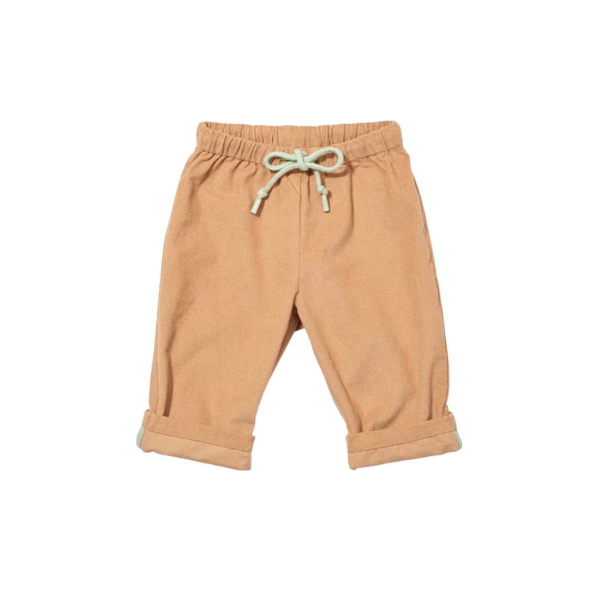 Front view of Bowie baby pant in honey corduroy showcasing elastic waist with contrast drawcord and cuffed hems on white background