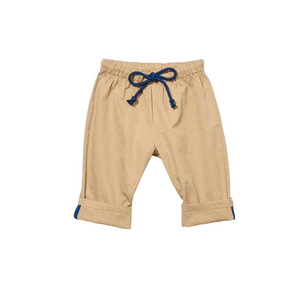 Front view of Bowie Baby Pant in khaki with elastic waist, navy drawcord, and cuffed hems with contrast binding