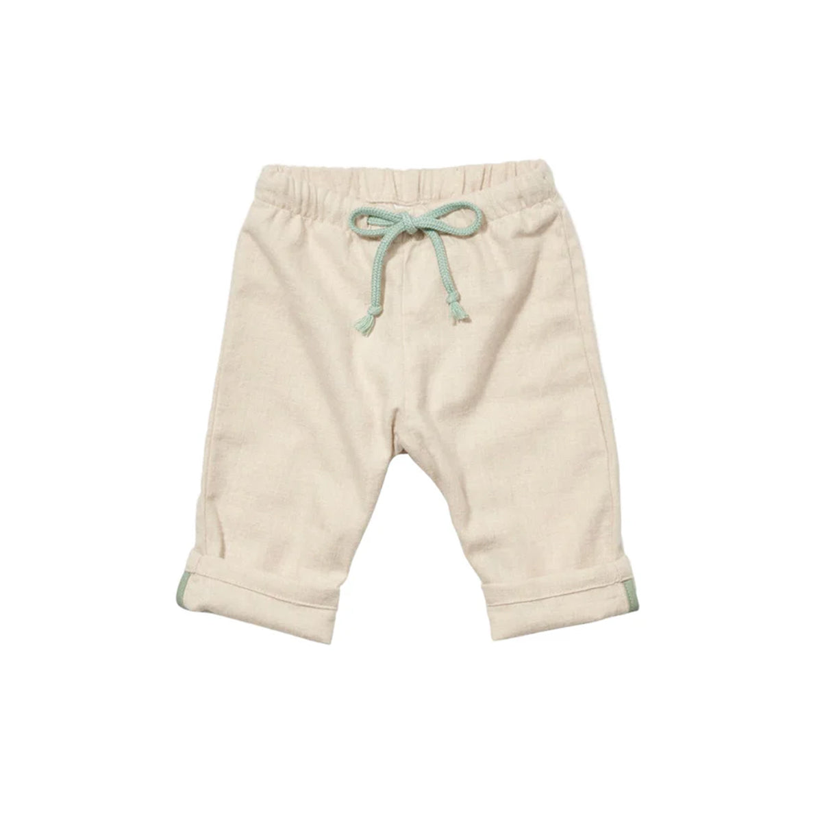 Front view of Bowie Baby Pant in Oatmeal Flannel showcasing the contrast drawcord and cuff binding against a white background