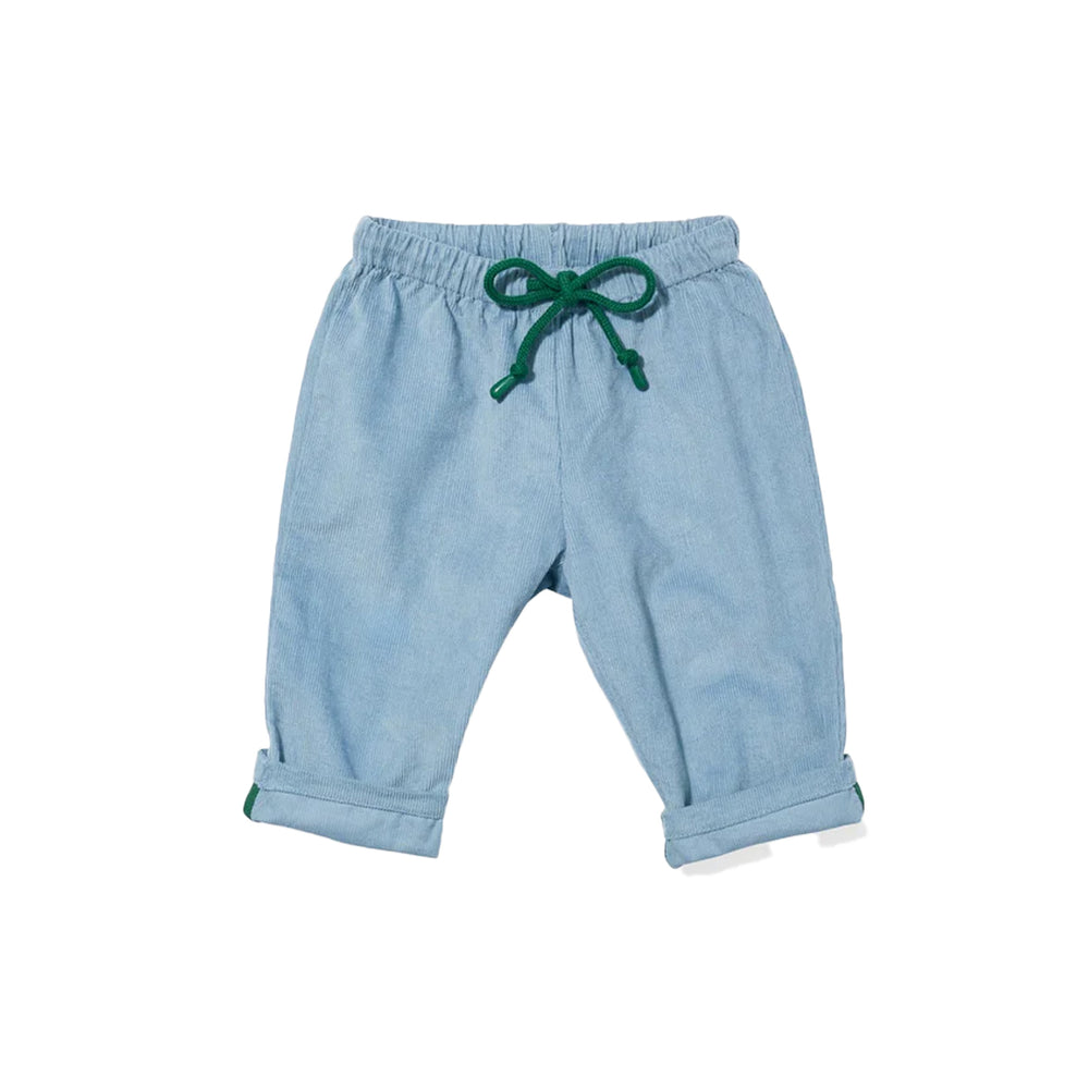 Front view of Bowie baby pant in rain corduroy with green drawcord, elastic waist, and cuffed hems on white background