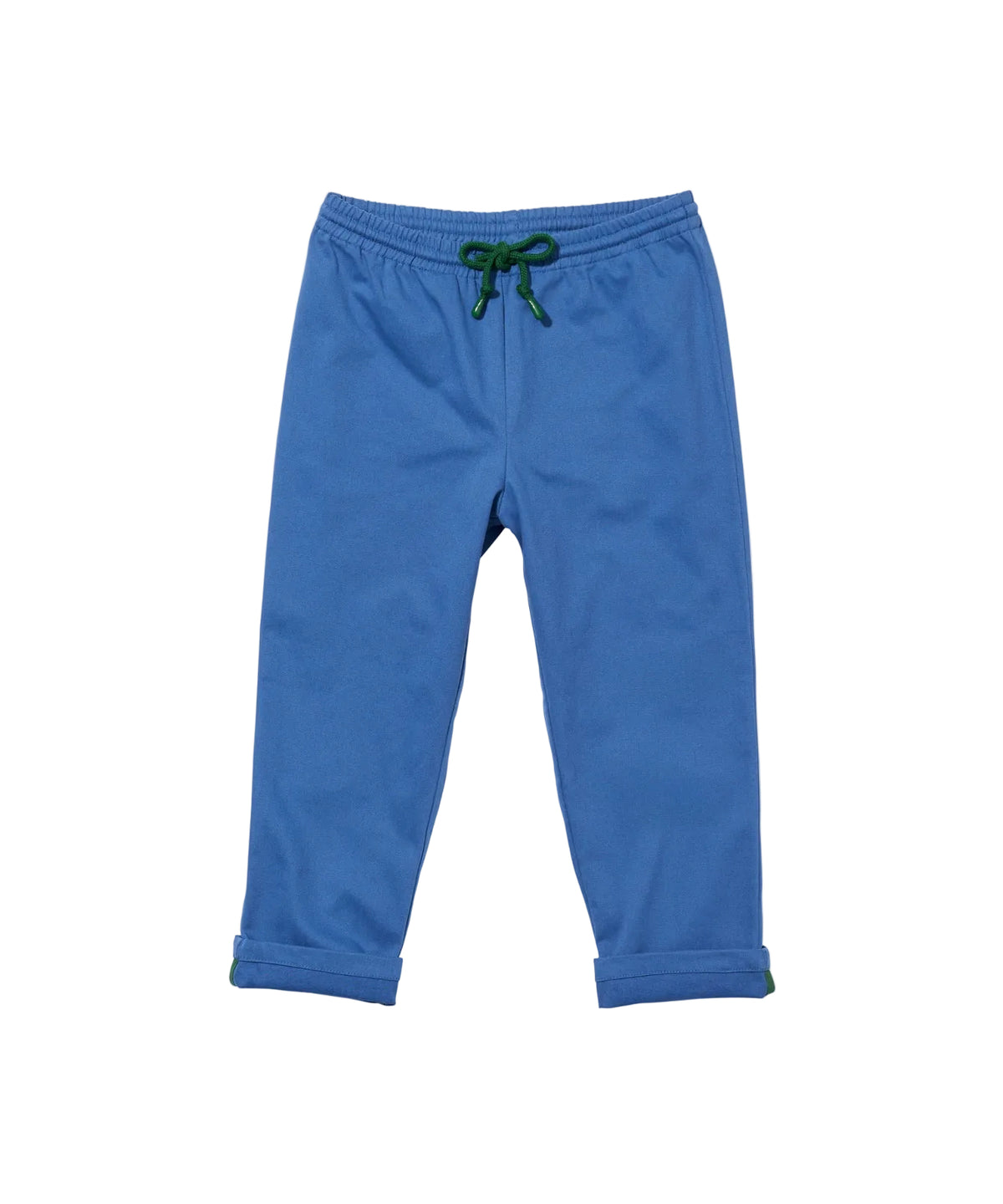 Front view of Bowie Pant in blue showing green drawstring, elastic waistband and rolled cuffs on white background