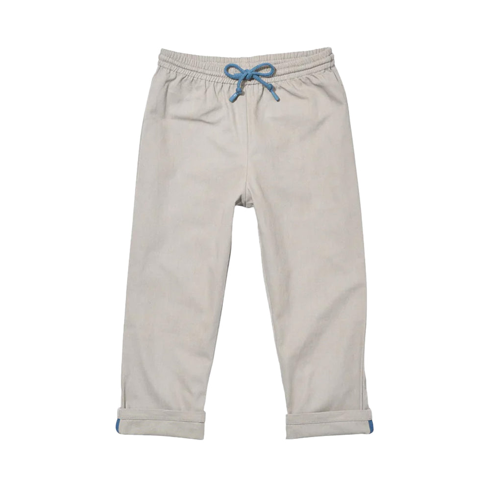 Front flat lay of Bowie Pant in Cloud showing elastic pull-on waist, blue drawcord, and cuffable hem on white background