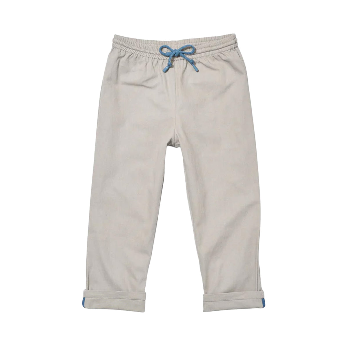 Front flat lay of Bowie Pant in Cloud showing elastic pull-on waist, blue drawcord, and cuffable hem on white background