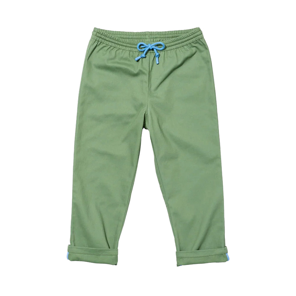 Flat lay of Bowie Pant in green showing blue contrast drawcord and rolled cuffs with contrast hem on white background