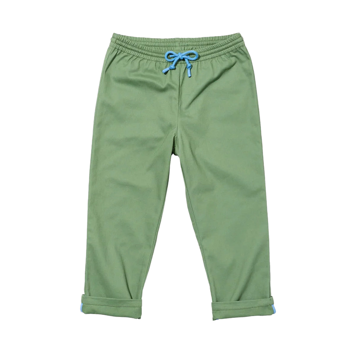 Flat lay of Bowie Pant in green showing blue contrast drawcord and rolled cuffs with contrast hem on white background