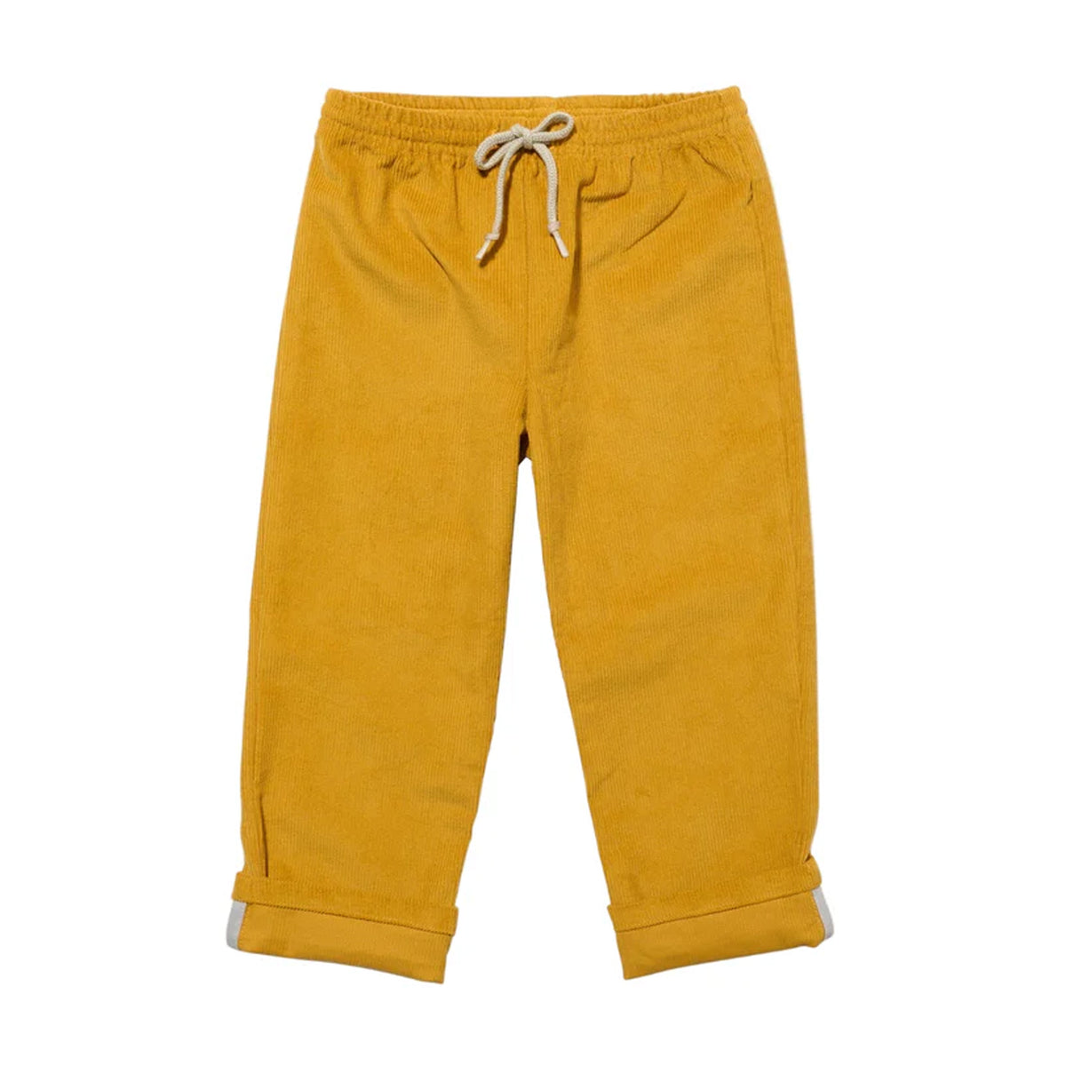 Front view of Bowie Pant in Mustard Corduroy showcasing cuffed bottoms and contrast pocket piping with a white background