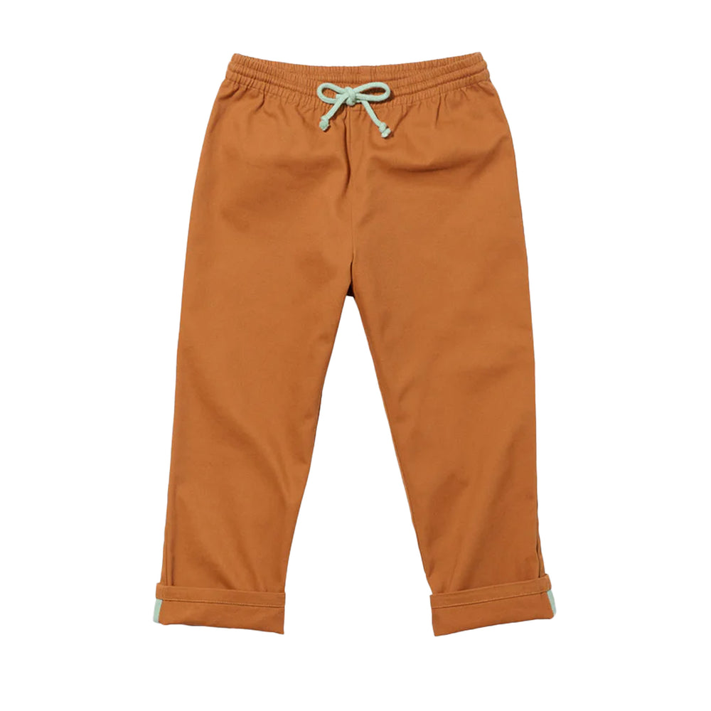 Front view of Bowie pant in pecan with elastic drawcord waist and cuffed hem showing contrast binding on white background