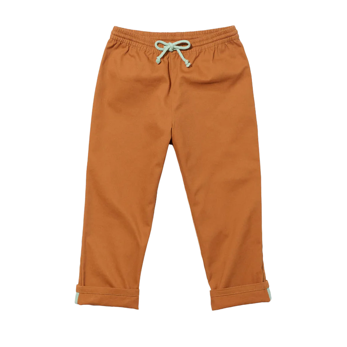 Front view of Bowie pant in pecan with elastic drawcord waist and cuffed hem showing contrast binding on white background