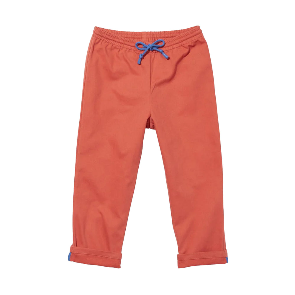 Front flat lay of Bowie Pant in tomato showcasing elastic waist with blue drawcord and cuffable hem on white background