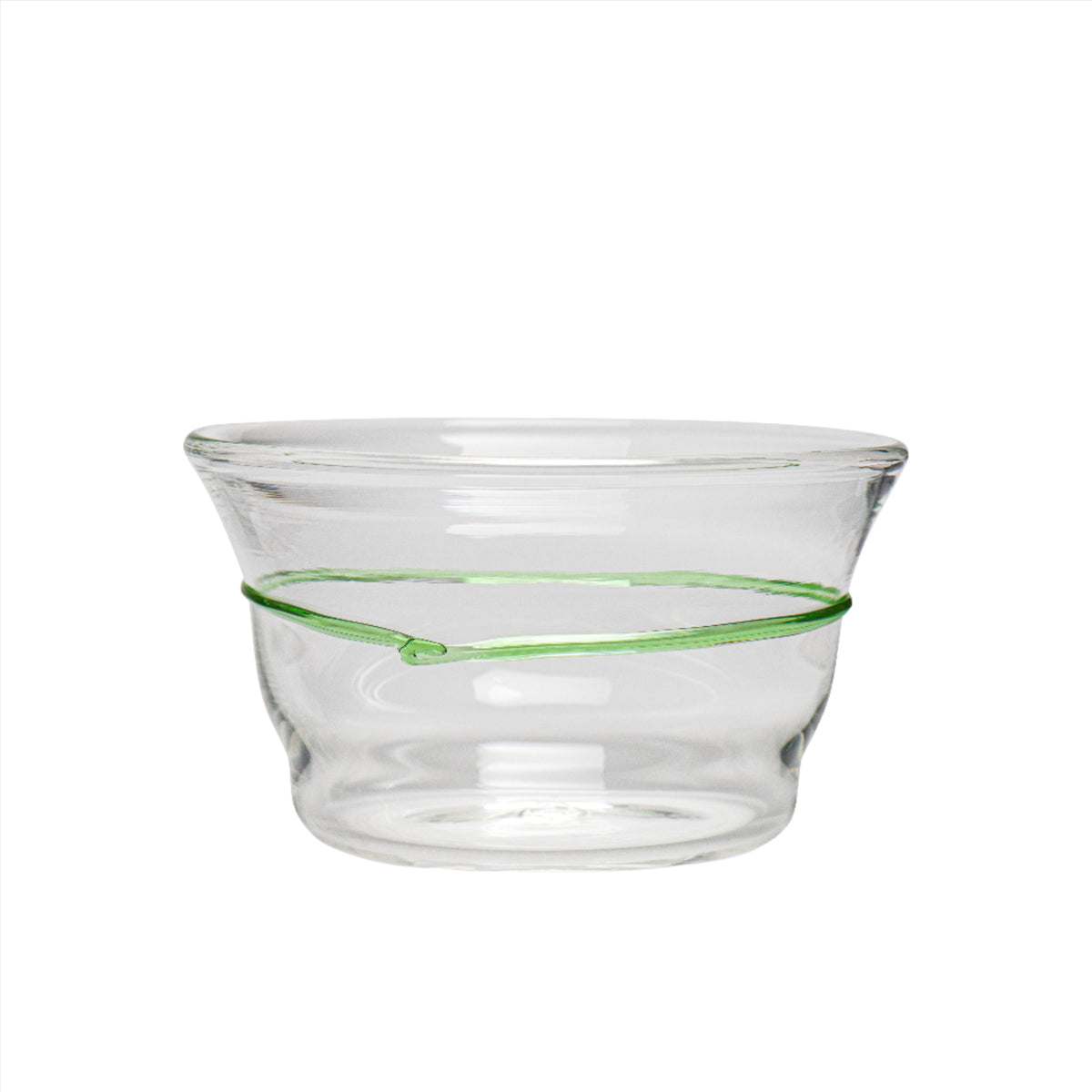 Side view of Green Circle Bowl showcasing its green glass band with a white background