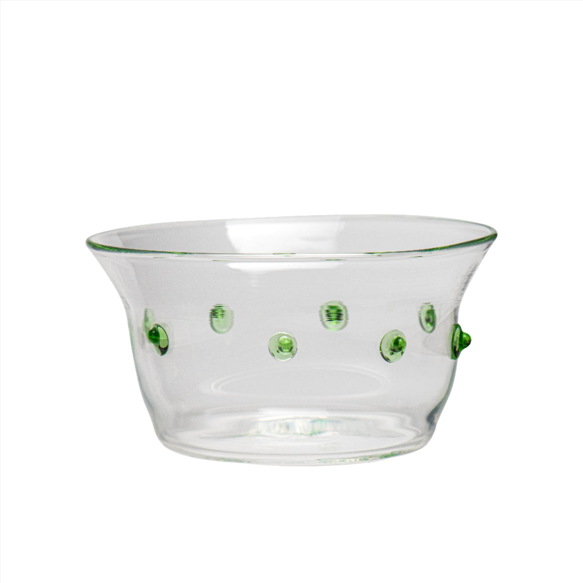 Close-up side view of Green Pom Bowl showcasing green dot pattern and clear borosilicate glass with white background