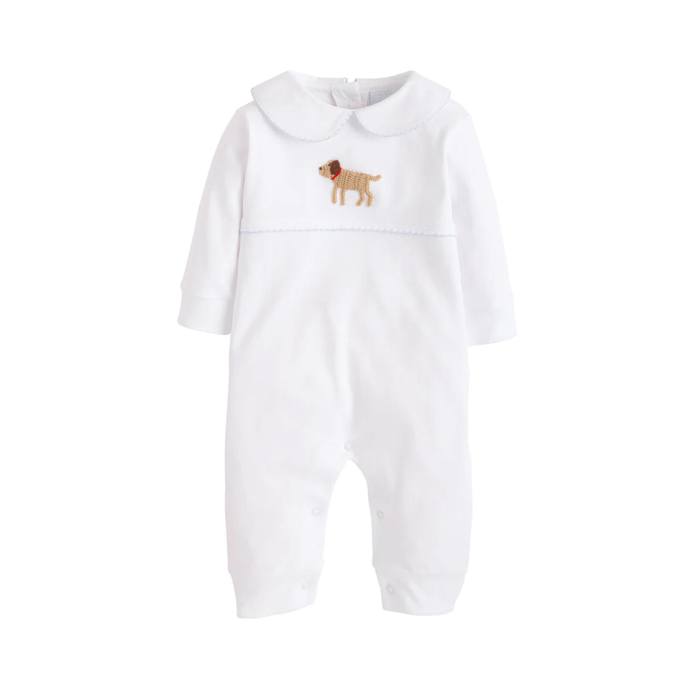 Front view of Boy Lab crochet playsuit showcasing embroidered dog motif and Peter Pan collar on white background