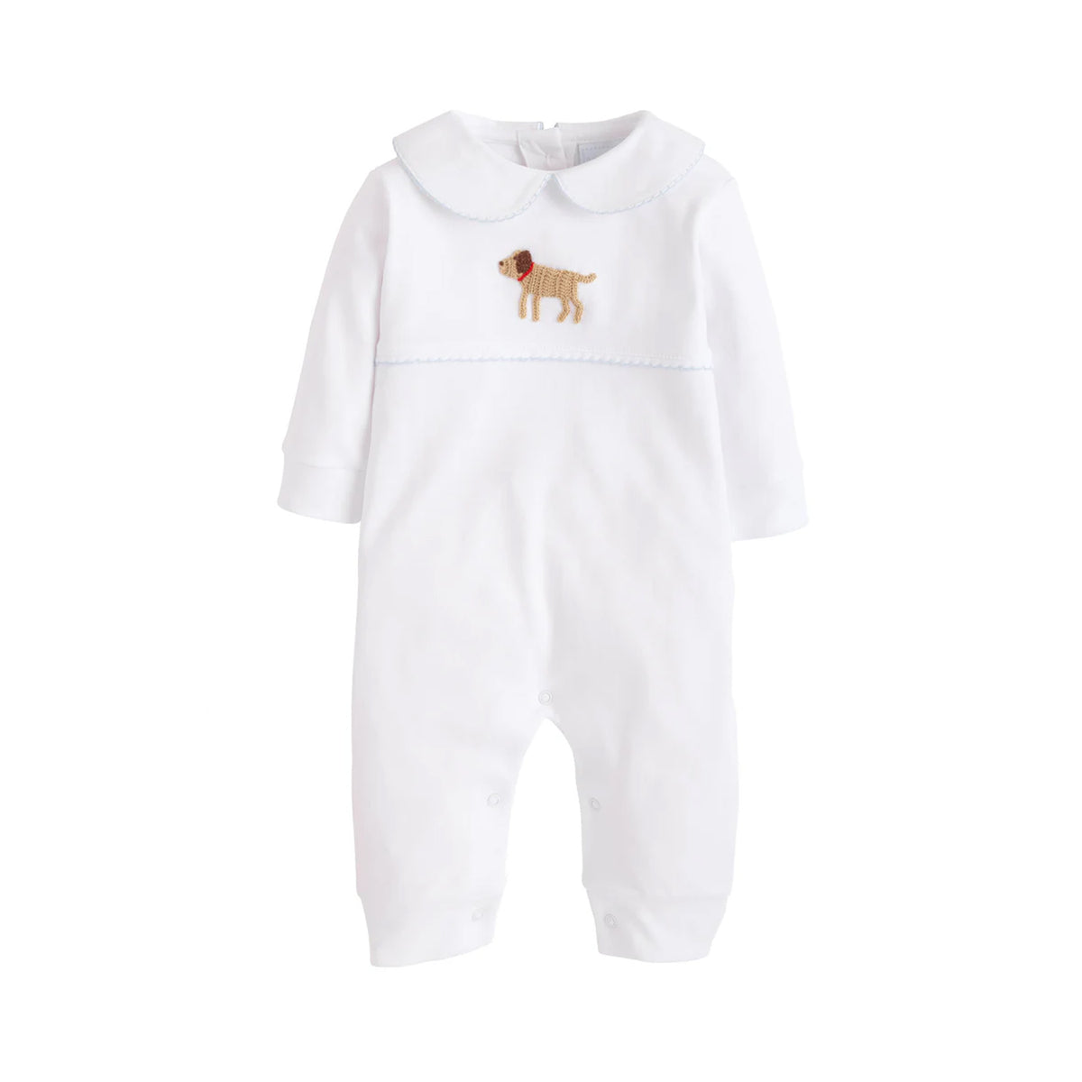 Front view of Boy Lab crochet playsuit showcasing embroidered dog motif and Peter Pan collar on white background