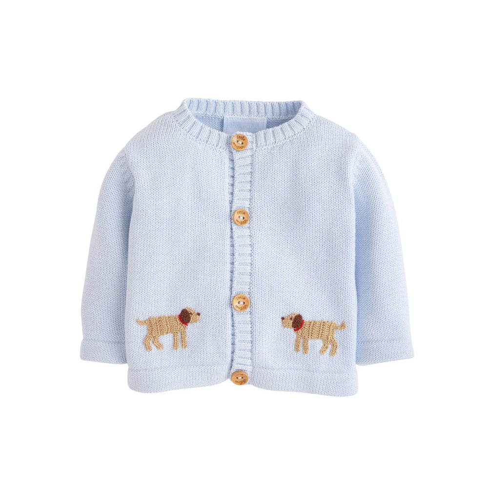Front view of Boy Lab crochet sweater in light blue pima cotton with wooden buttons and embroidered dog motifs on white background