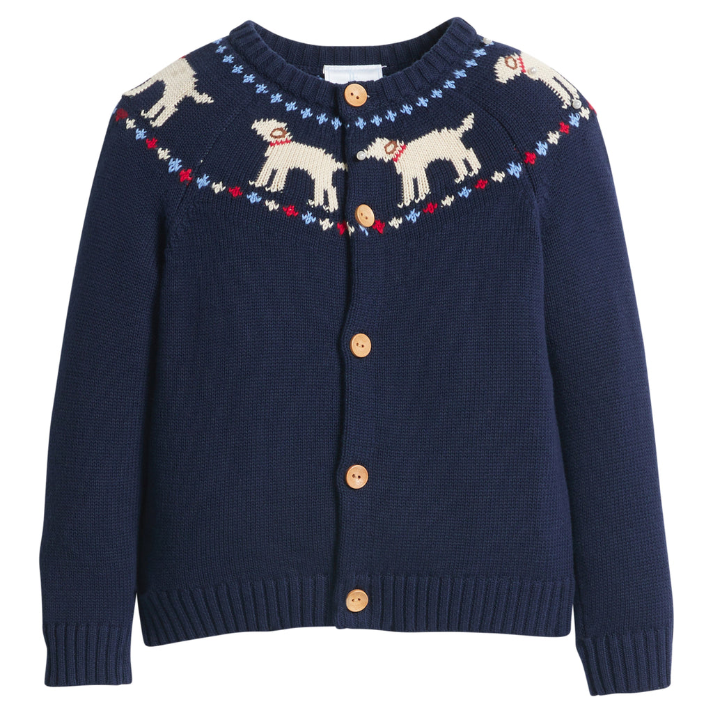 little english classic children's clothing, boys navy fair isle cardigan with lab motif around the collar 