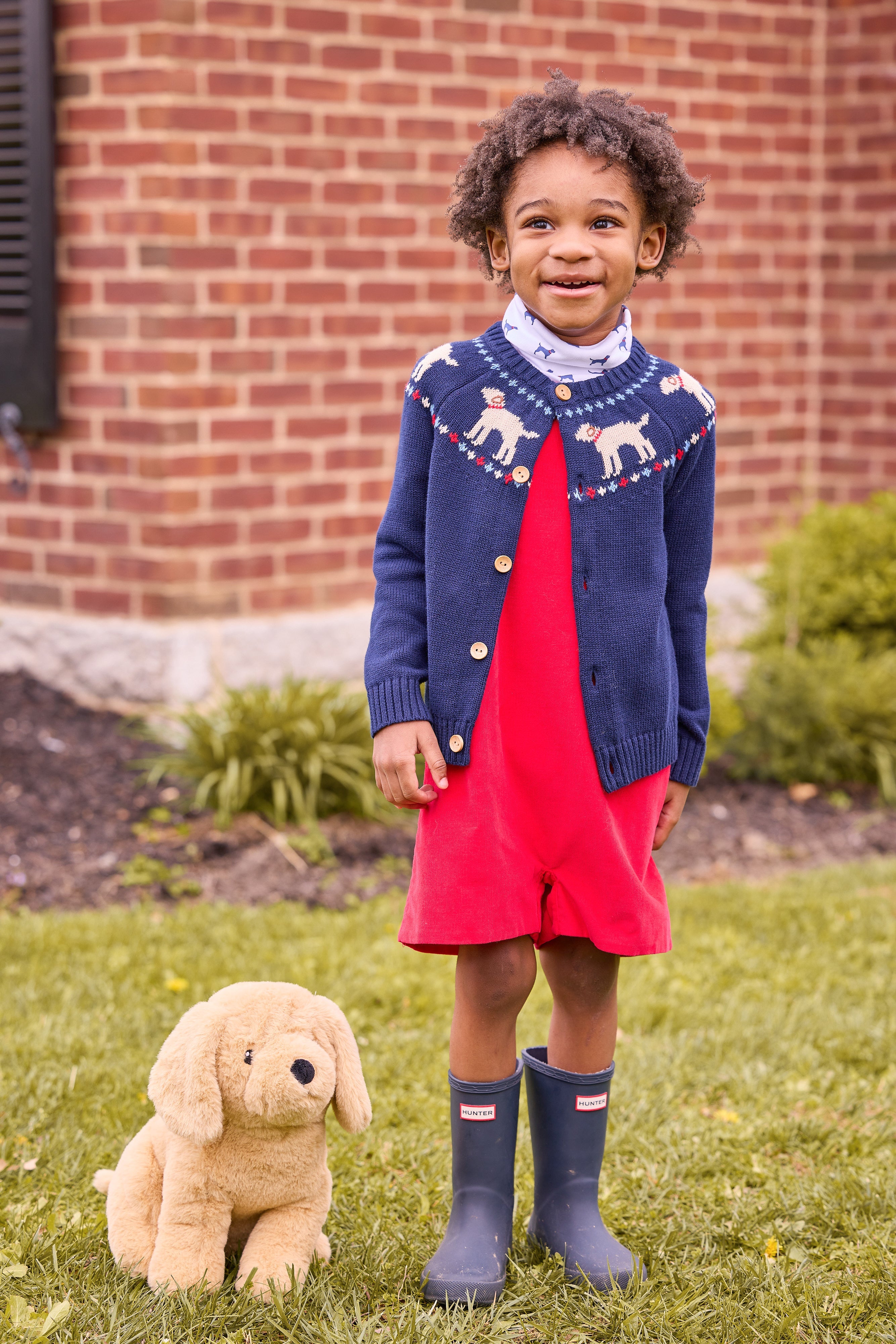 little english classic children's clothing, boys navy fair isle cardigan with lab motif around the collar, Printed turtleneck with navy labs, and red corduroy john john 