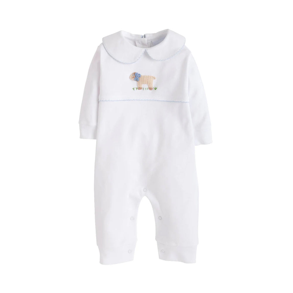 Front view of Boy Sheep Crochet playsuit with embroidered sheep, blue picot Peter Pan collar, long sleeves, snap leg closures