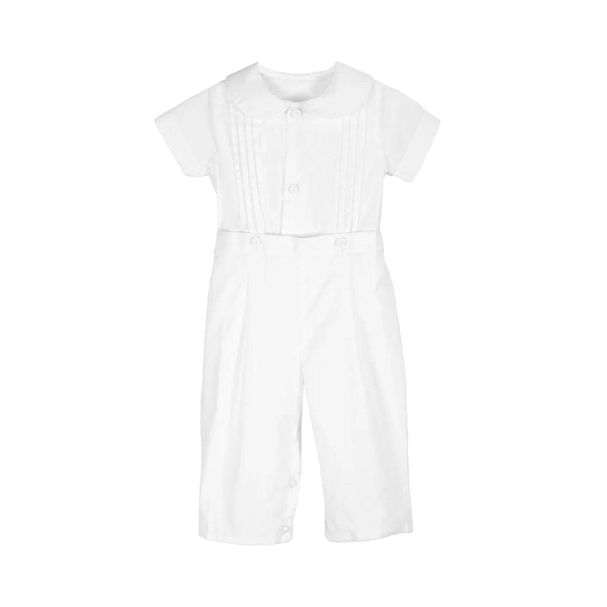 Front view of white Boys Bobbie Suit showcasing pleated bib, short sleeves, waist buttons and snap leg closures on plain white background