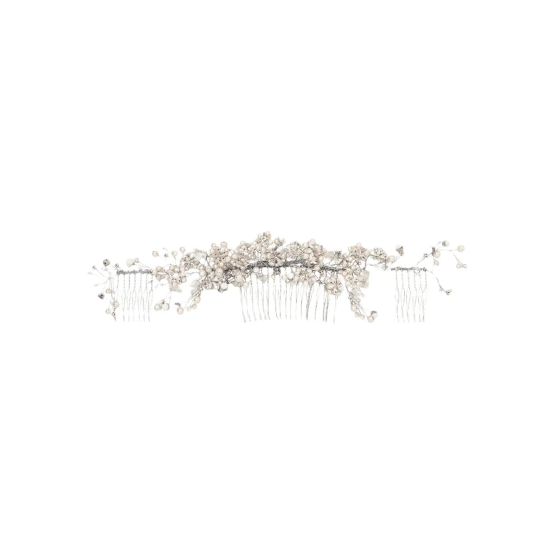 Front view of Nicola Comb in Crystal Pearl showcasing crystal and pearl floral details with a white background