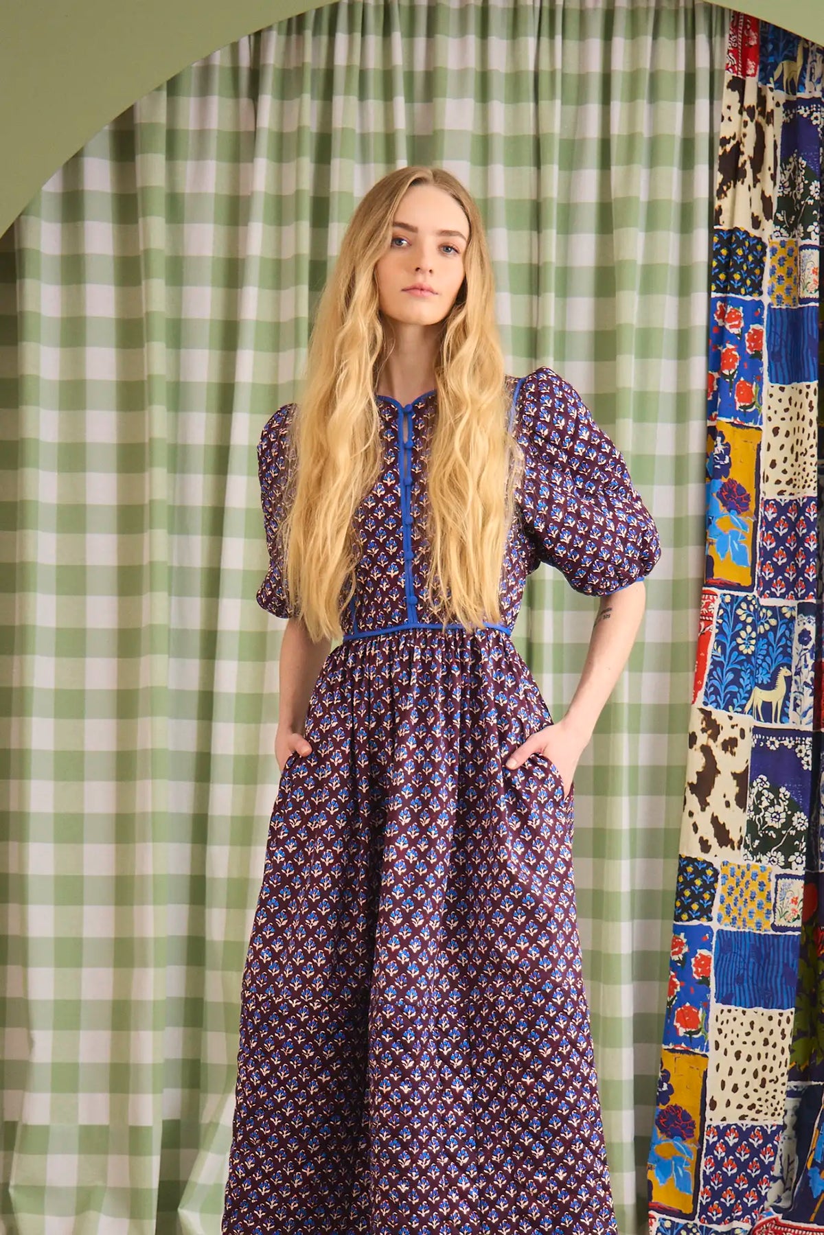 The Brenner Dress has a button-front placket with mini quilting and reverse contrast trim.