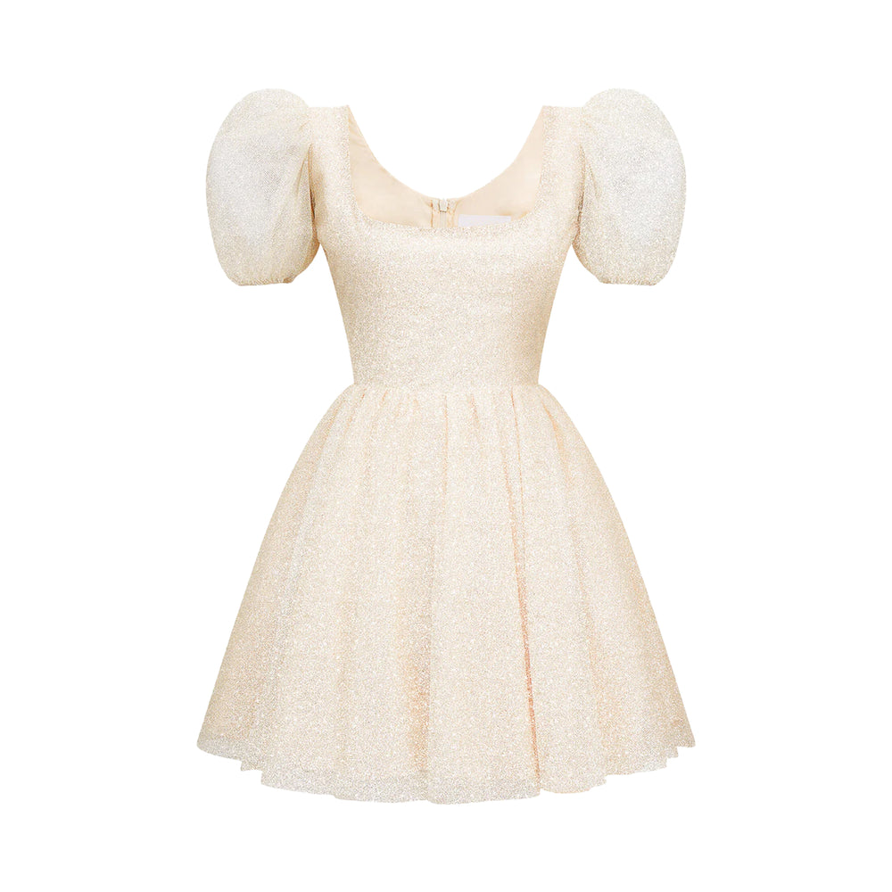 Front view of Bridal Glitter Harriet Dress showcasing glittering tulle, puff sleeves, and full organza skirt on a white background