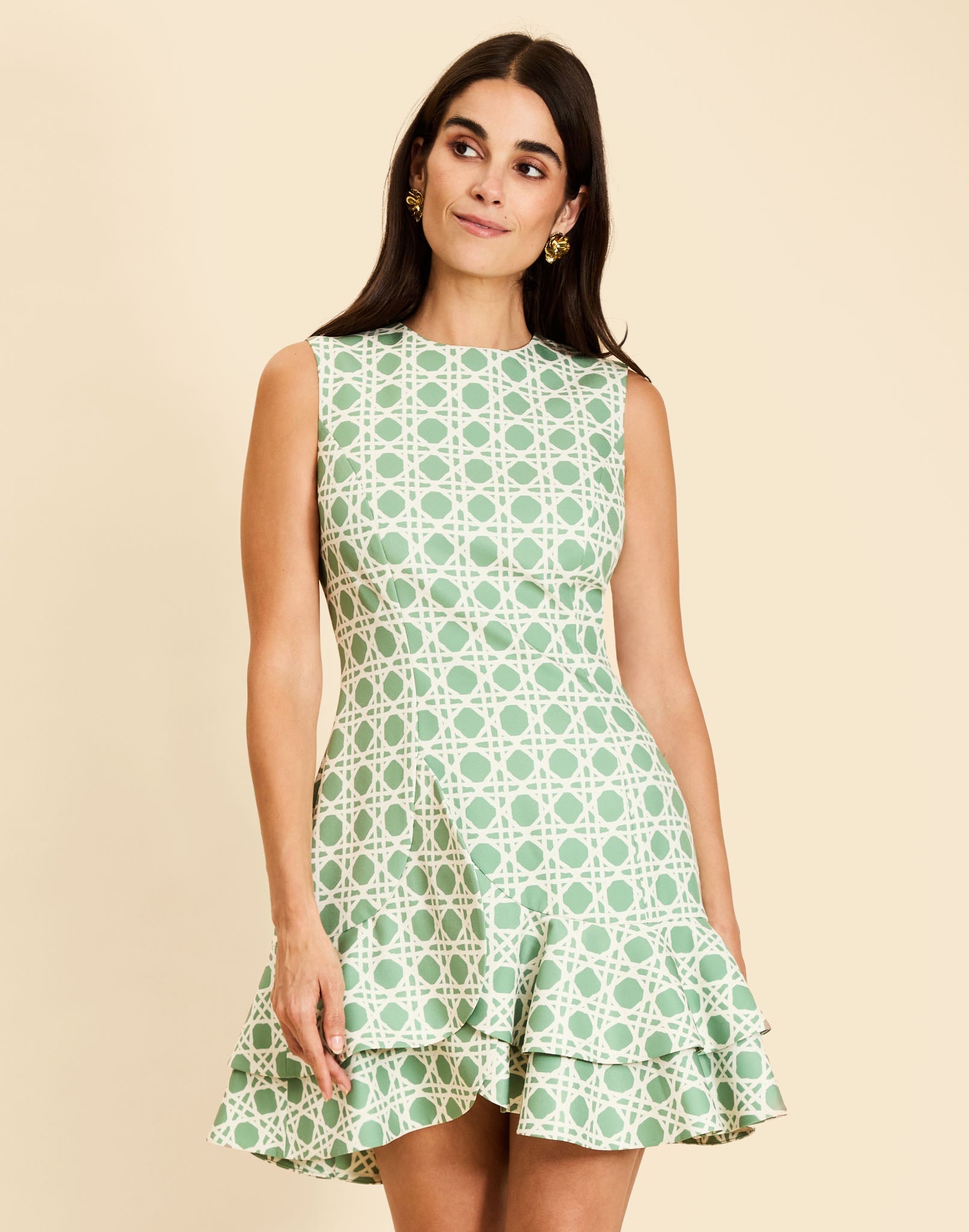 Brigid Mini Dress in Evergreen Lattice