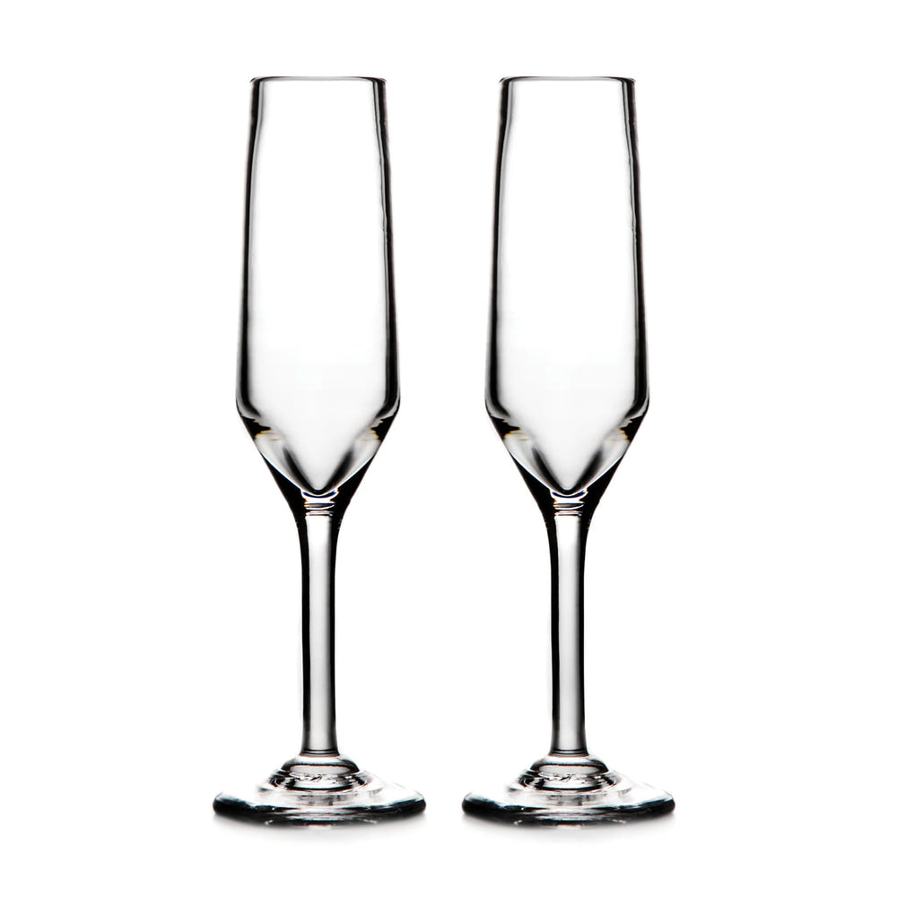 Front view of two Bristol champagne flutes showcasing long stems and tapered bowls on white background