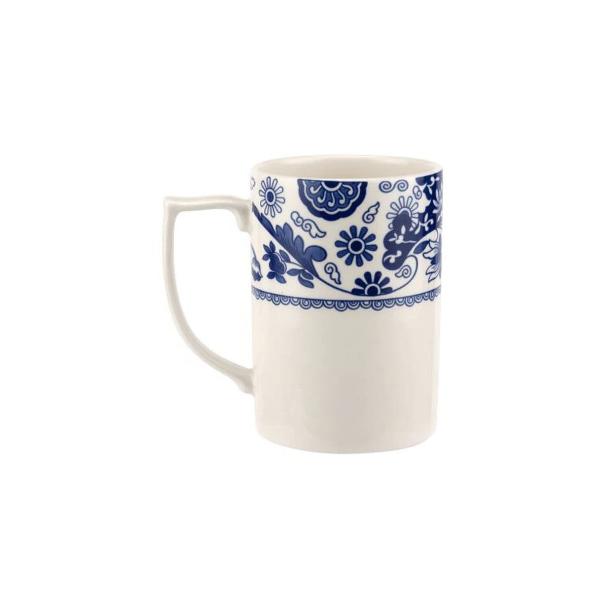 Front view of Brocato 12 ounce mug from a four piece set, with delicate scroll and floral design on white porcelain