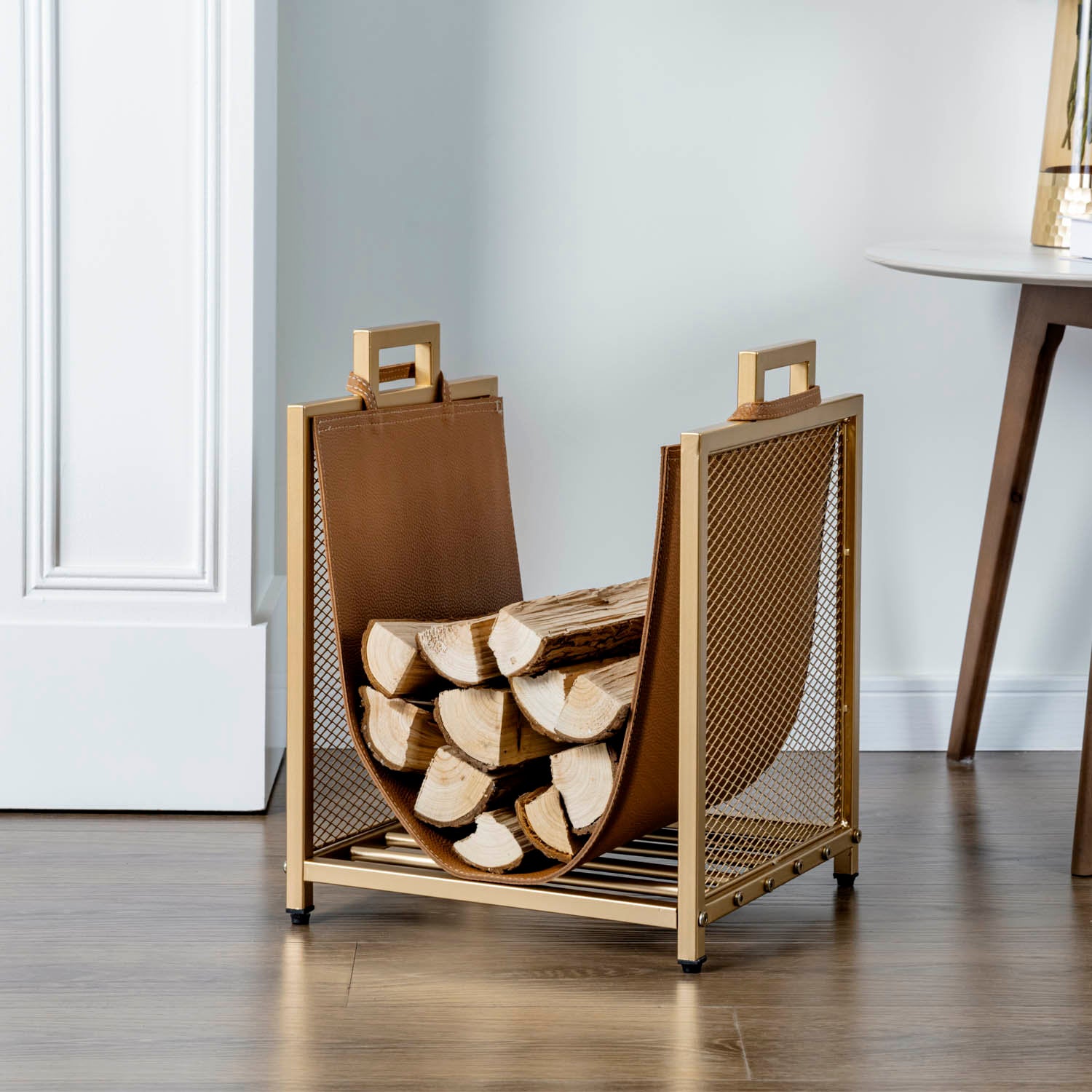 Brown Leatherette Firewood Log Rack With Gold Decorative Frame
