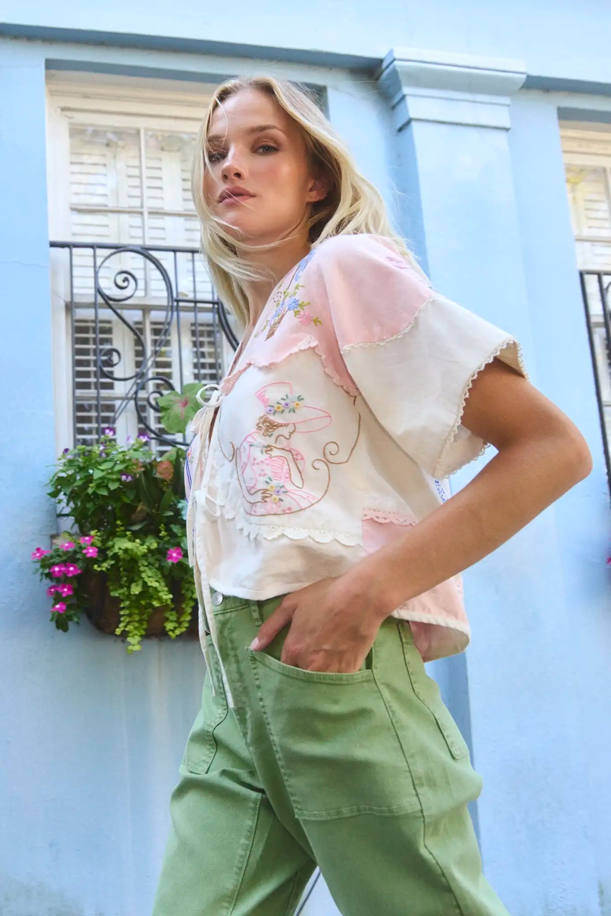 The Mallory Jean in leaf green denim paired with Bryce Top in Lazy Daisy.