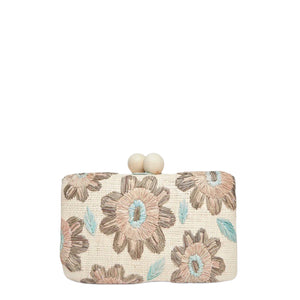 Bryn Embroidered Straw Clutch Bag in Brown Floral