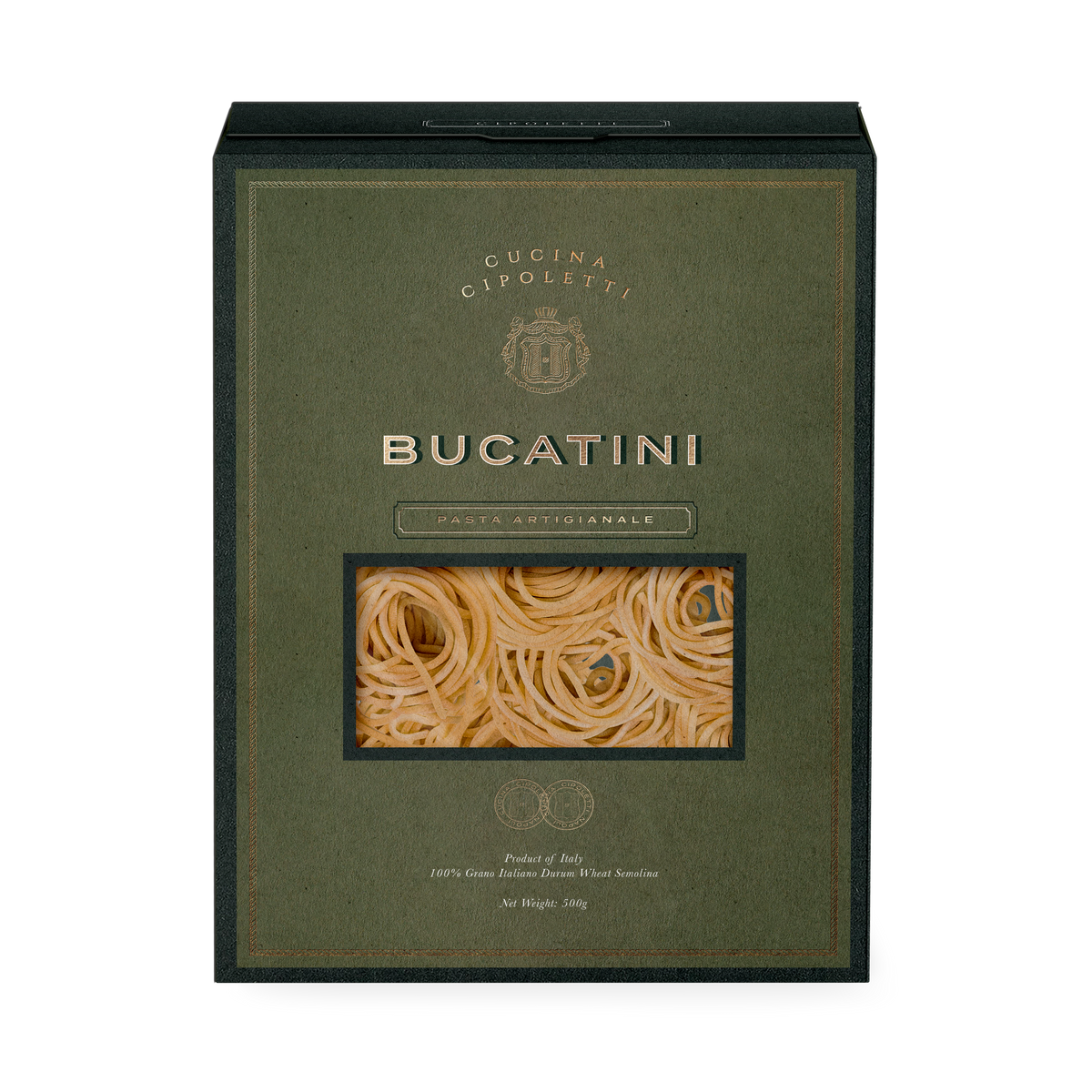 Front view of Bucatini pasta box labeled BUCATINI, showing coiled noodles through a rectangular window on olive-green packaging