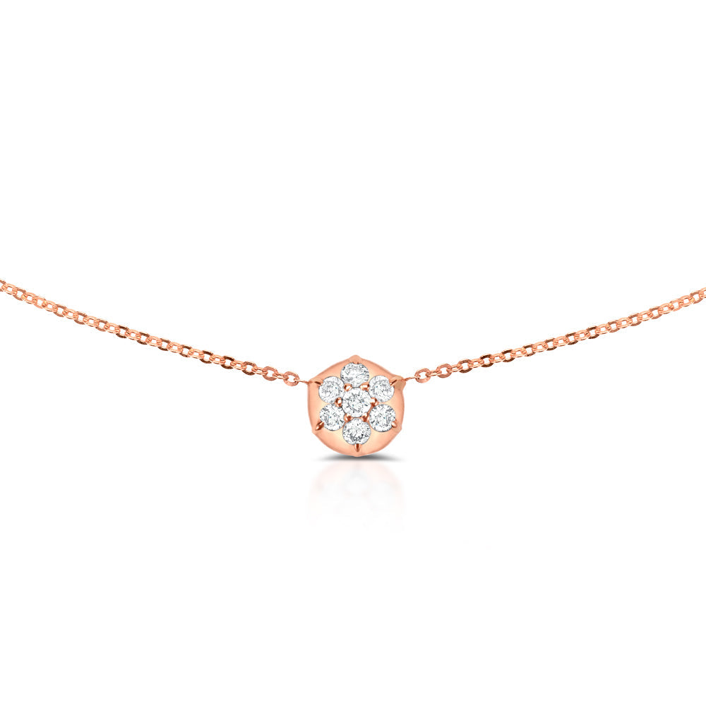 Close-up of Bullet Choker Chain in 14k rose gold showcasing seven-diamond circle charm on delicate diamond-cut chain against white background