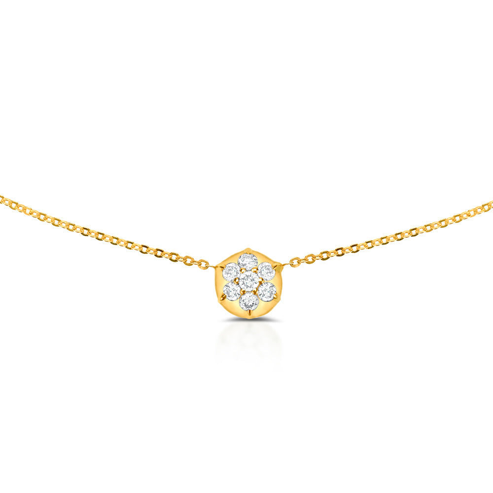 Front view of Bullet Choker Chain showing diamond cluster charm on a delicate 14k yellow gold chain on white background