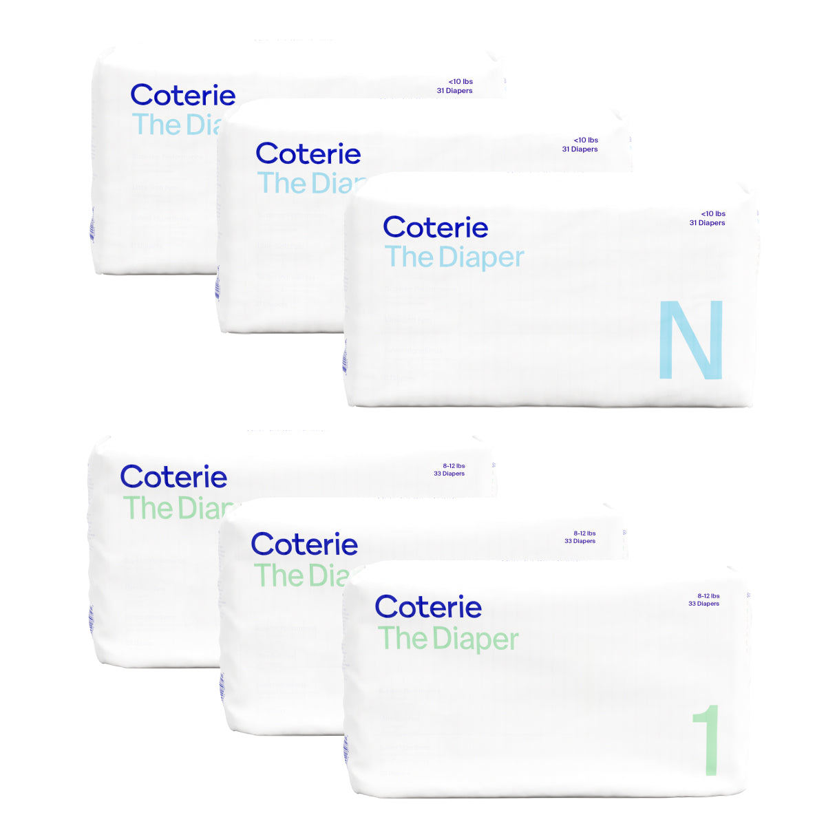 Front view of Coterie Newborn Ultra Soft Diapers Starter Kit showing three Newborn and three Size 1 packs on white background
