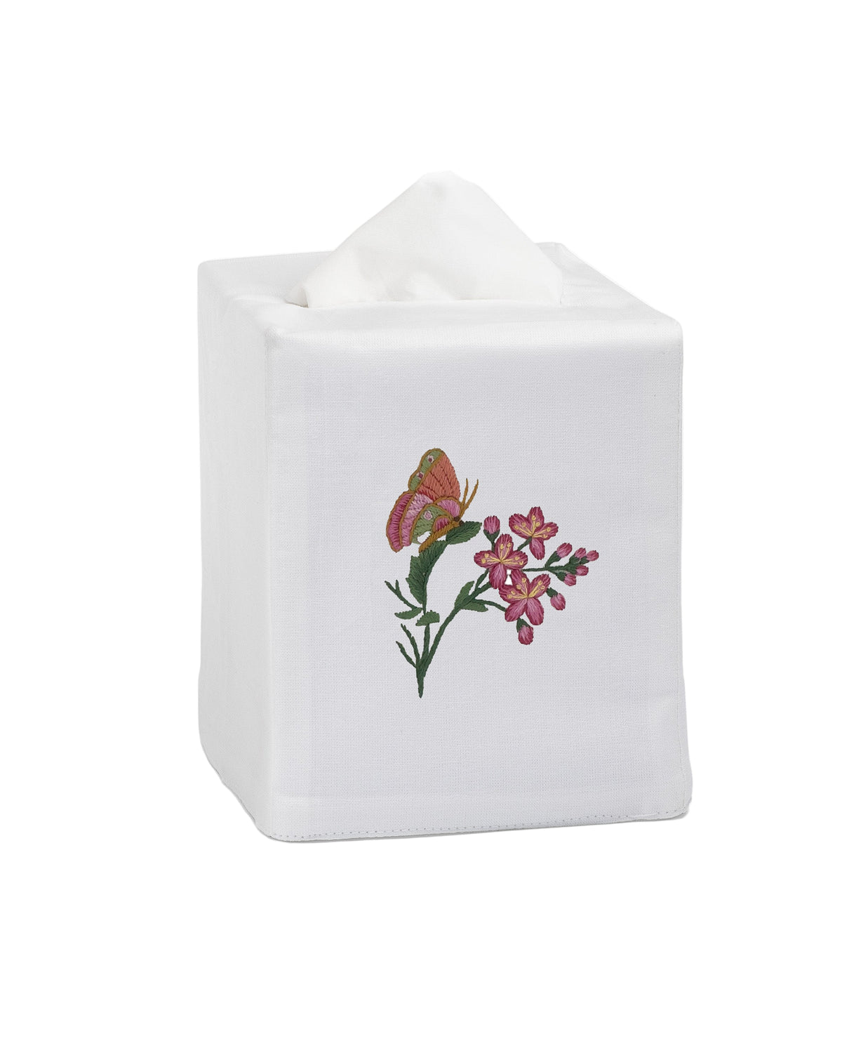 Front view of Butterflies and Flowers tissue box cover showcasing hand-embroidered pink flowers and a butterfly on white cotton fabric