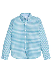 Little English traditional children's clothing. Aqua and white Alpine Gingham classic button down for boys