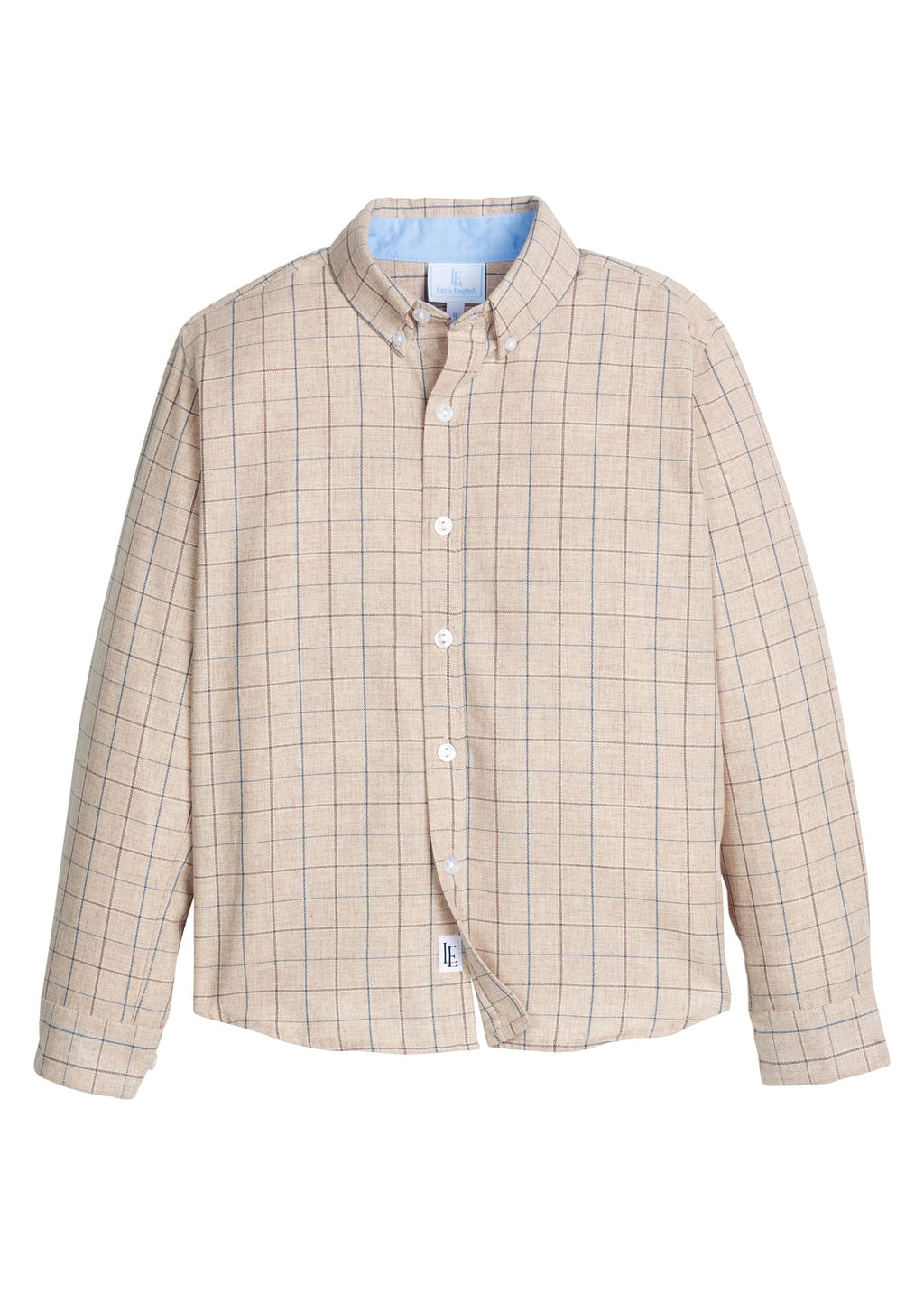 Little English traditional children's clothing. Tan and blue Durham Windowpane classic button down for boys