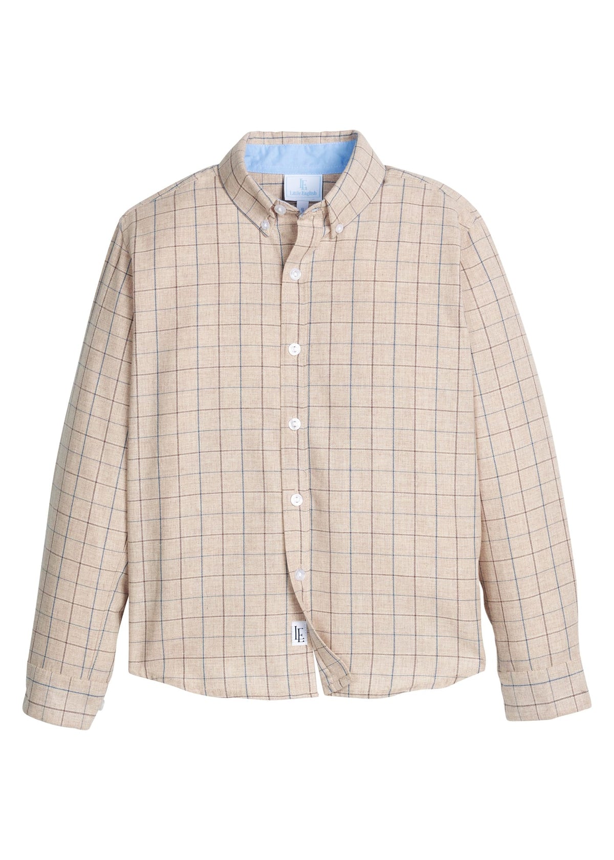 Little English traditional children's clothing. Tan and blue Durham Windowpane classic button down for boys