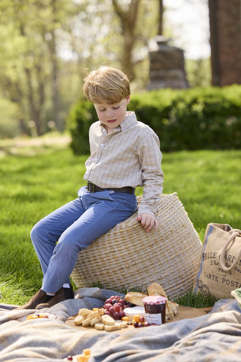 Little English traditional children's clothing.  Tan and blue Durham Windowpane button down shirt for boys