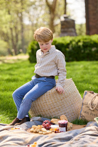 Little English traditional children's clothing.  Tan and blue Durham Windowpane button down shirt for boys