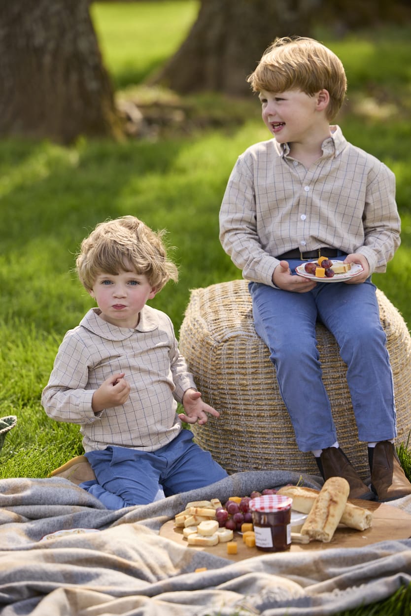 Little English traditional children's clothing.  Tan and blue Durham Windowpane button down shirt for boys