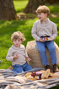 Little English traditional children's clothing.  Tan and blue Durham Windowpane button down shirt for boys