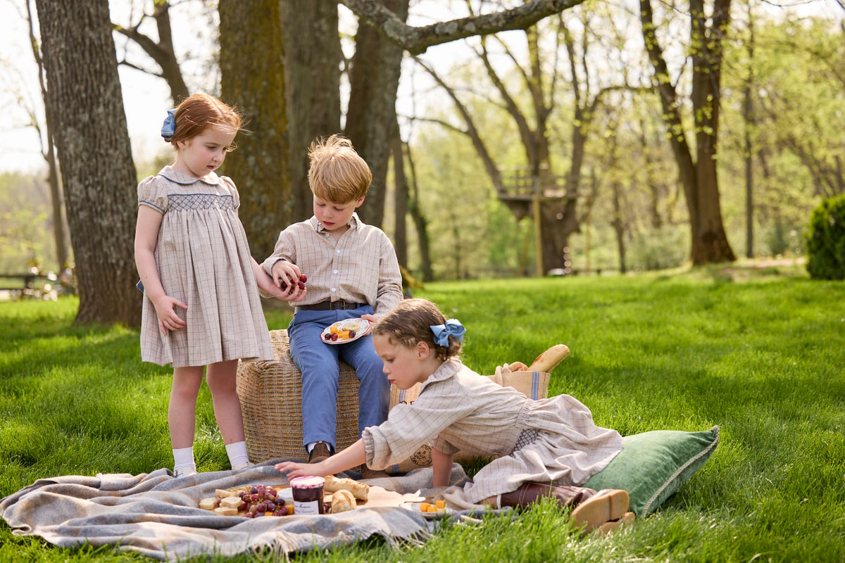 Little English traditional children's clothing.  Tan and blue Durham Windowpane button down shirt for boys